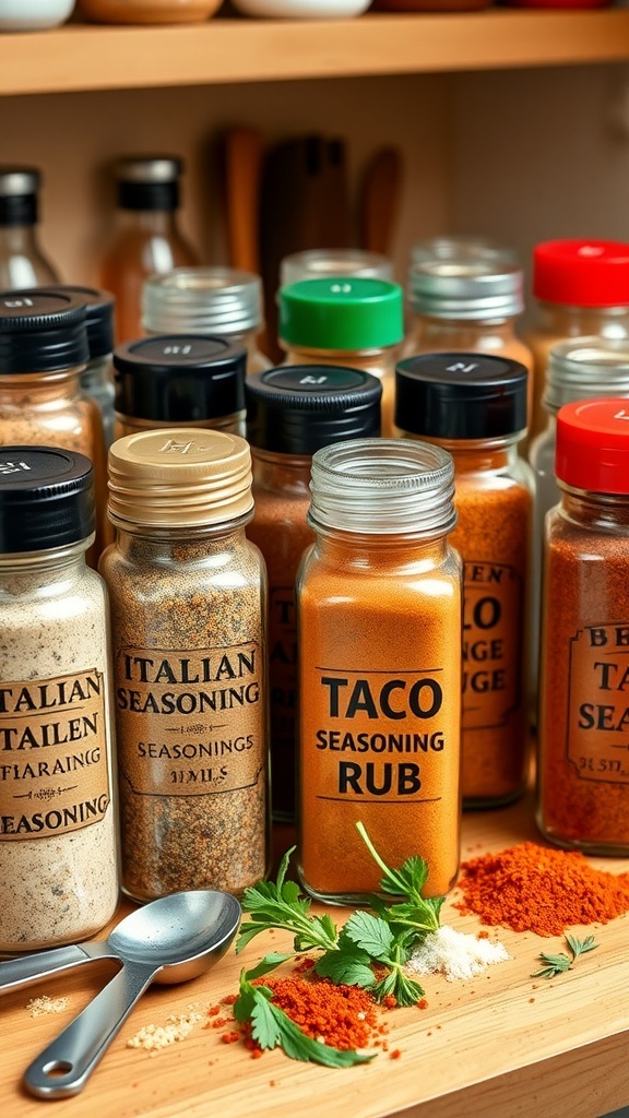 A variety of spice jars with homemade seasoning blends on a wooden countertop.
